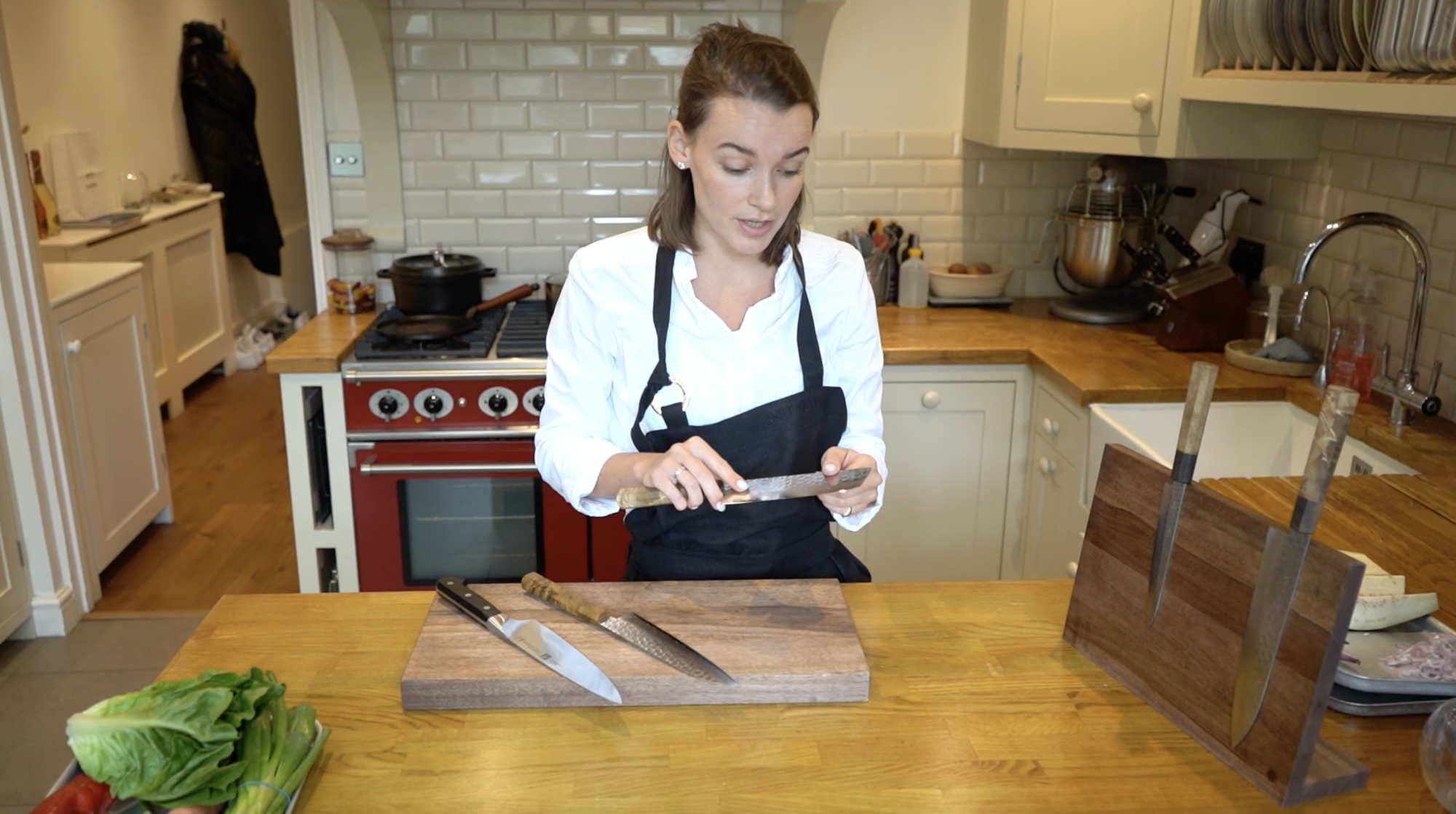 chef olivia burt with sakai kyuba knives and western knives